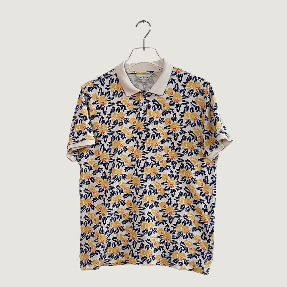 Ben Sherman Original Mens Floral Polo Shirt Cream Yellow Navy Blue Size M